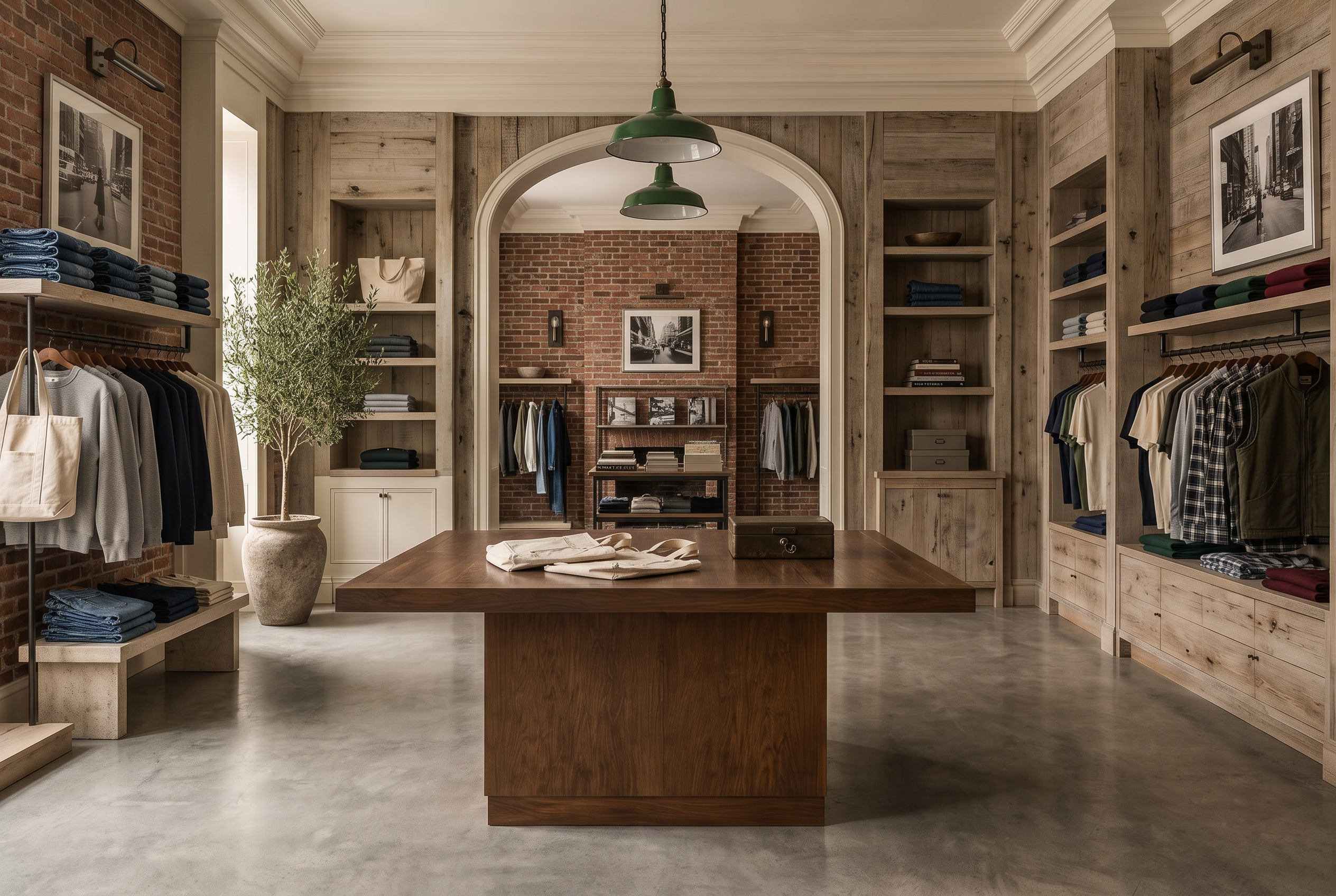 Tan Gogh urban heritage virtual store with wood fixtures, brick walls, denim, and a central display table